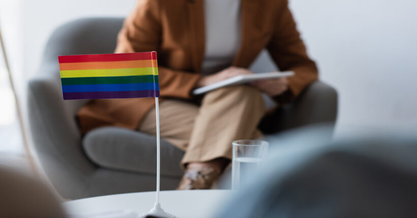 An LGBTQ+ pride flag stands on a desk during a therapy session as a therapist reviews their notes.